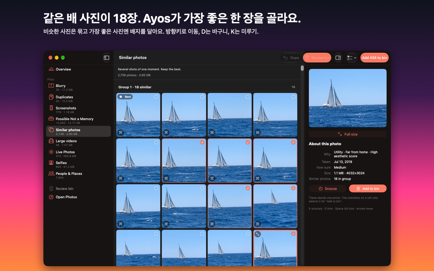 Mac의 Ayos: 비슷한 사진 묶음과 그 옆에 표시된 사진 상세 정보