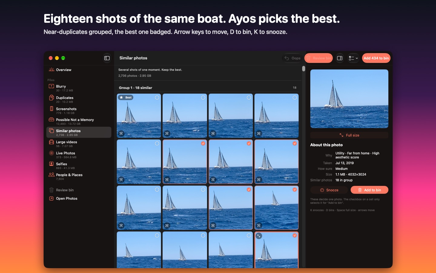 Ayos on the Mac: a group of similar shots with the photo's details beside it