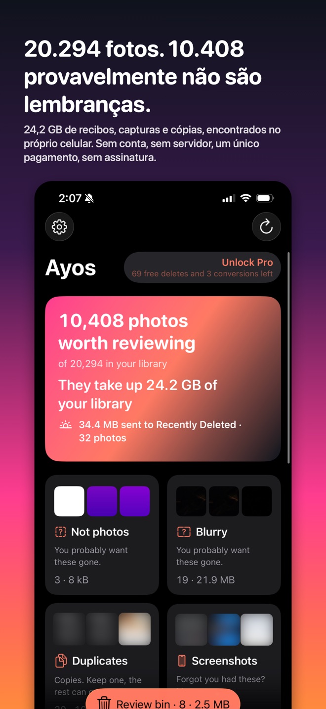 O Ayos no iPhone: 10.408 de 20.294 fotos provavelmente não são lembranças