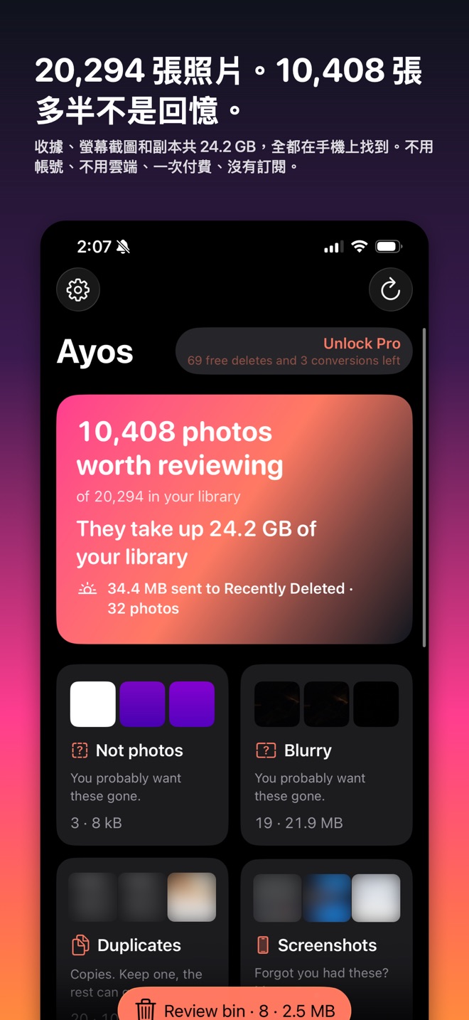 iPhone 上的 Ayos：20,294 張照片中，有 10,408 張多半不是回憶